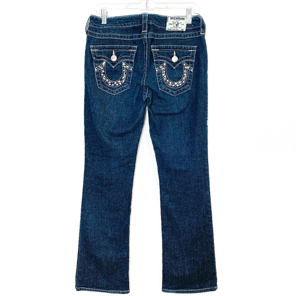 True Religion Hi-Rise Boot Jean Womens 29 X 30  Blue Rhinestone Pockets